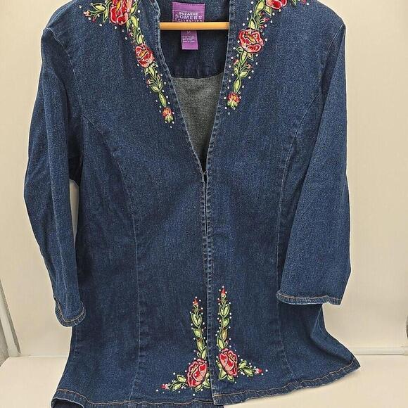 Suzanne Somers Collection Embroidered Floral Rhinestone Jean Jacket Size M - Picture 3 of 12